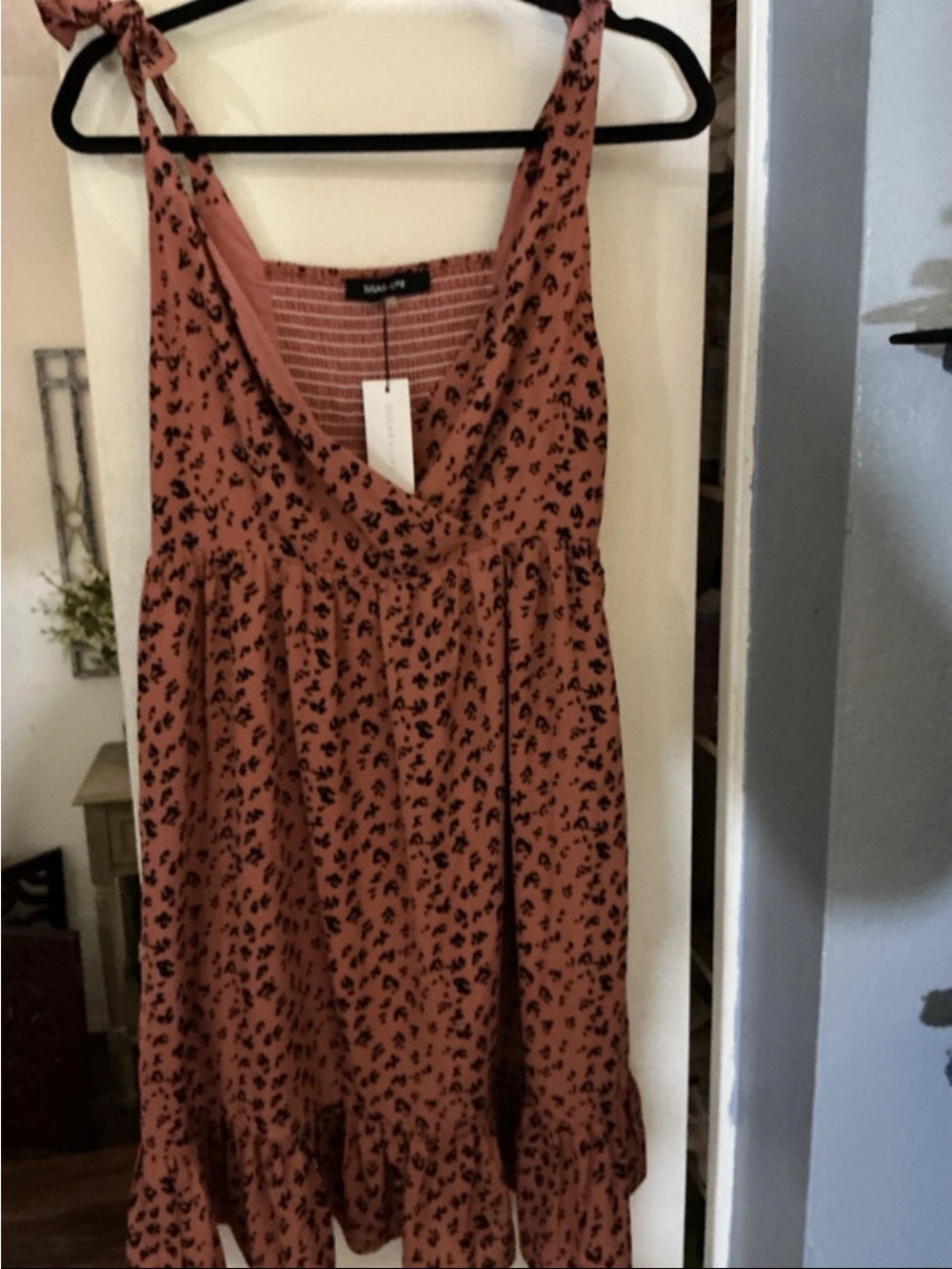 Moa Moa Dusty Rose Tie-Shoulder Camisole Top with Black Print